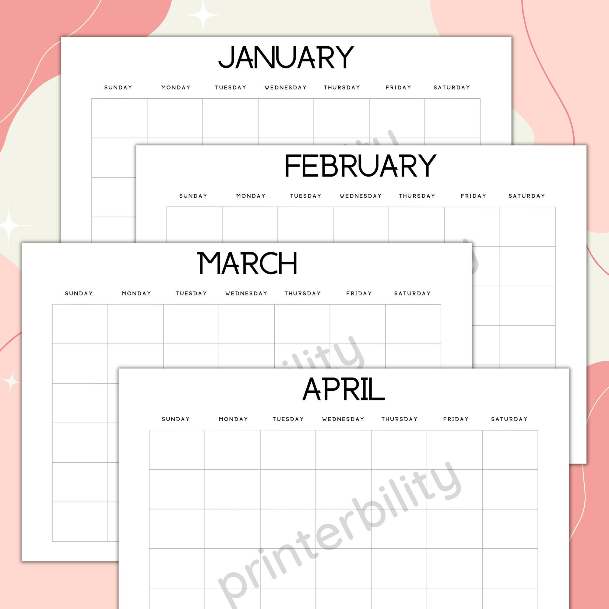 12 Month Printable Blank Calendars Simple Font - Etsy