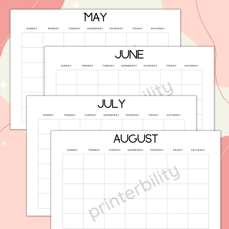 12 Month Printable Blank Calendars Simple Font - Etsy