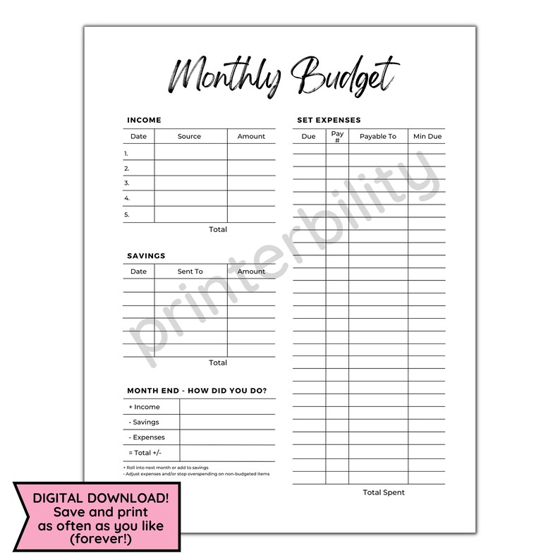Printable Monthly Budget Sheet Etsy