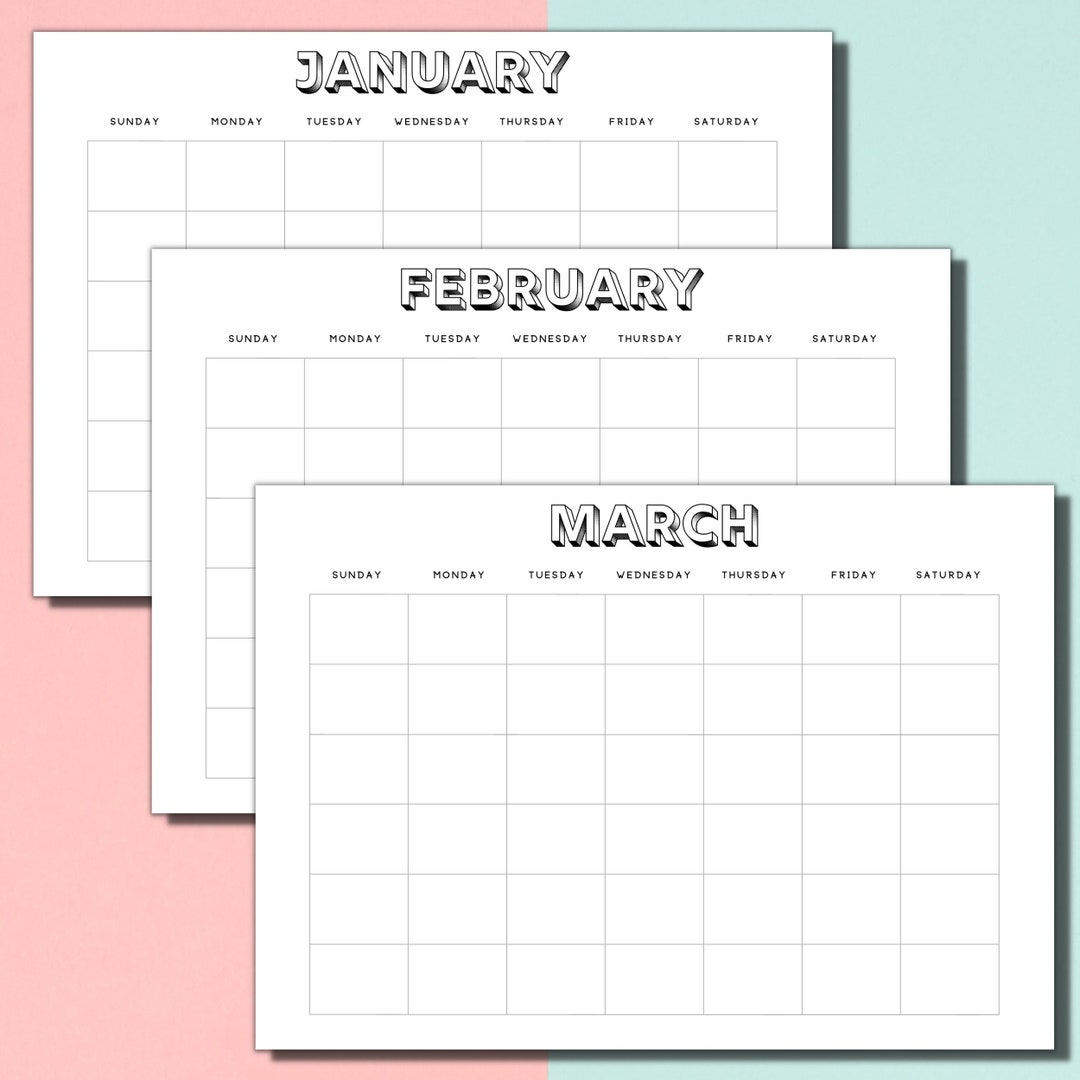 12 Month Printable Blank Calendars Block Font Undated Etsy