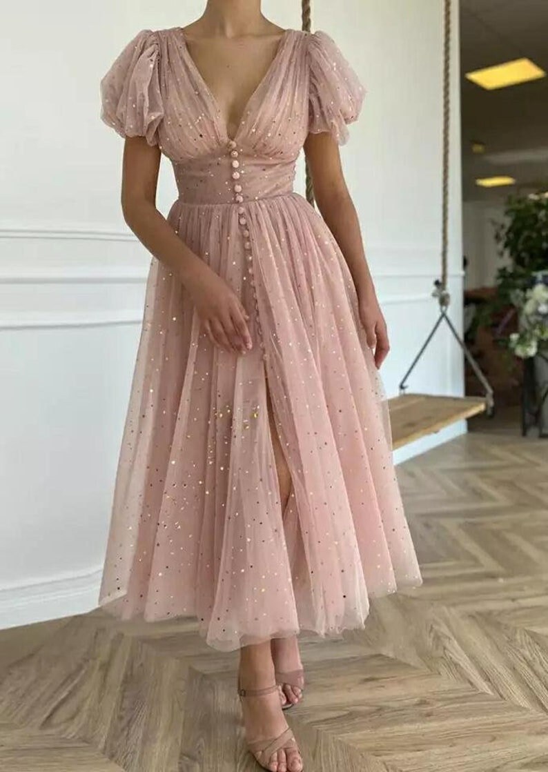 Midi Prom Dress V-neck Short Sleeves 