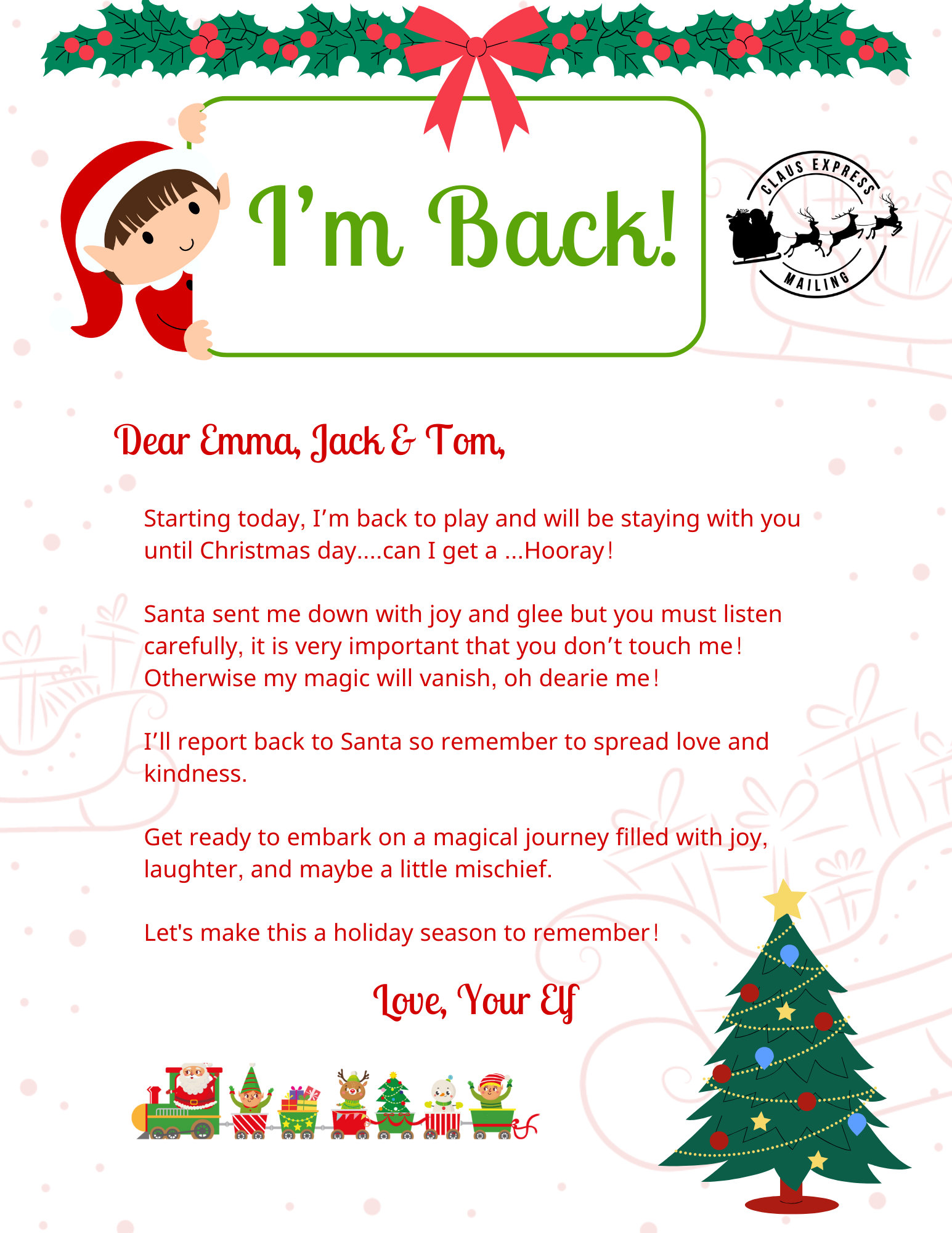 EDITABLE Elf Arrival Letter, Custom Elf Letter, I'm Back Letter
