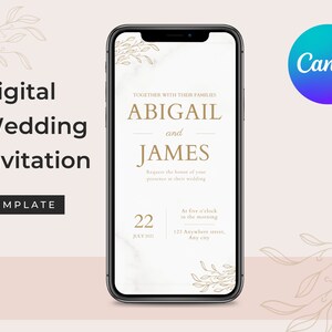 Może przedstawiać: Szablon cyfrowego zaproszenia ślubnego wyświetlany na smartfonie. Zaproszenie zawiera imiona Abigail i James złotymi literami, a także datę, godzinę i miejsce. Logo Canva jest widoczne w prawym górnym rogu.