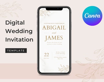 May include: A digital wedding invitation template displayed on a smartphone. The invitation features the names Abigail and James in gold lettering, along with the date, time, and location. The Canva logo is visible in the upper right corner.