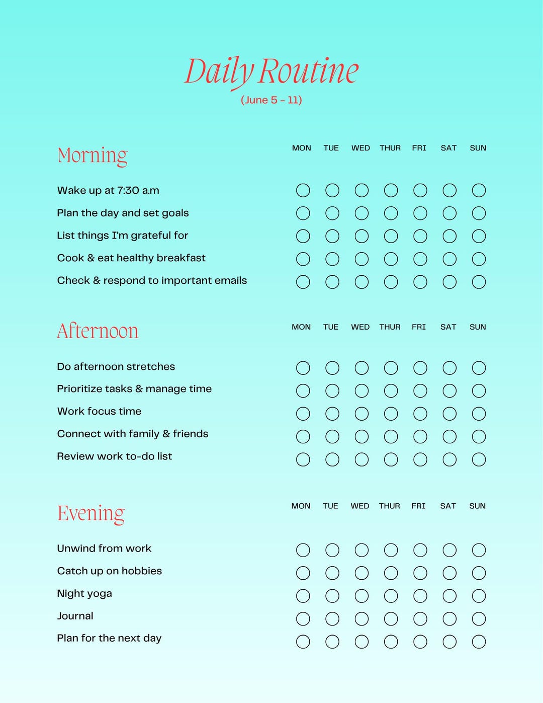 Daily Routine Checklist Planner (june 5-11) - Etsy