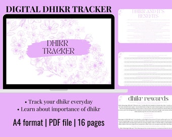 May include: Digital Dhikr Tracker displayed on a laptop screen, featuring a floral design and the words "Dhikr Tracker." Additional cards show benefits and rewards of dhikr, along with a tracker. The product is an A4 PDF file with 16 pages.
