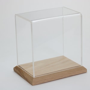 Puede incluir: Una vitrina de exhibici&oacute;n de acr&iacute;lico transparente con una base de madera. La vitrina es rectangular y tiene un dise&ntilde;o simple.