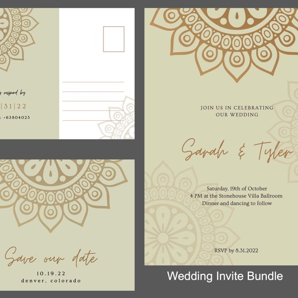 Mandala Wedding Invite Bundle- Neutral, Digital Download, Wedding Invite, Save the Date, RSVP. Boho Customizable Template.