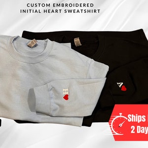 Custom Embroidered Initial Heart Sweatshirt, Couple Shirt, Initial On Sleeve, Couple&#39;s Shirt, Anniversary, Valentines Day, Christmas Gift