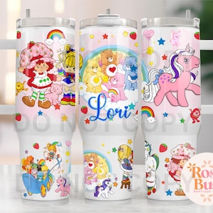 40oz Tumbler, 40oz Stanley Dupe, Strawberry Girl Tumbler, Rainbow Girl Tumbler, Cute Bears, 80s Cartoon Character, 80s Vintage Tumbler