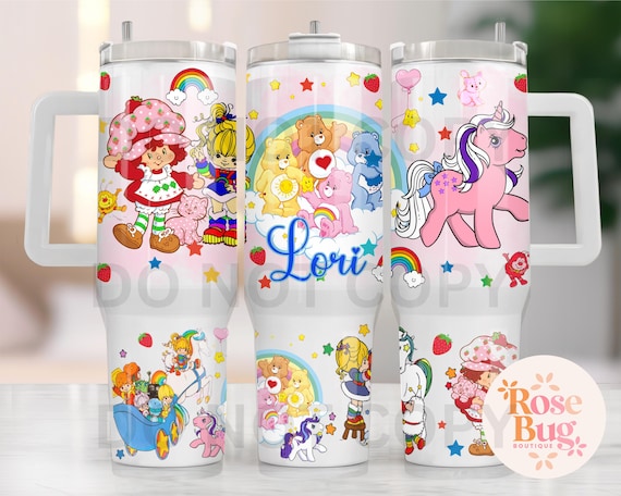 40oz Tumbler, 40oz Stanley Dupe, Strawberry Girl Tumbler, Rainbow Girl Tumbler, Cute Bears, 80s Cartoon Character, 80s Vintage Tumbler