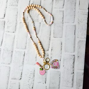 Personalized Wooden Bead Lanyard with Gold Accents, Charms & Tassel, Teacher Beaded Lanyard, Teacher Lanyard, Custom Lanyard
