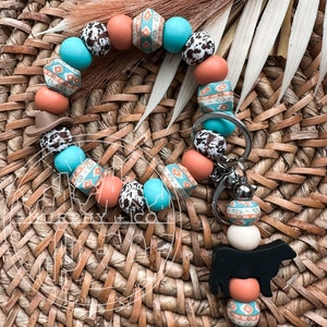 Western Silicone Keychain, Cow Print Keychain, Silicone Wristlet, Wristlet Keychain, Cowboy Hat, Aztec, Turquoise