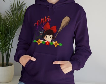 Adorable Witch and Cat Familiar Kiki and Jiji Halloween Unisex Hoodie in Various Colors and Sizes