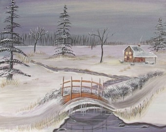 Winter Cabin in the Woods Acrylic Painting, Original Purple Sky Snowy House by the stream Painting on 14x14 Canvas