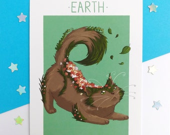 Earth Elemental Cat A5 Art Print / Cute Gift / Magic / Astrology / Nature / Taurus / Virgo / Capricorn /Plastic Free / Eco Friendly /