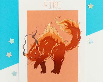 Fire Elemental Cat A5 Art Print /  Cute Gift / Magic / Astrology / Nature / Aries / Leo / Sagittarius / Plastic Free / Eco Friendly /