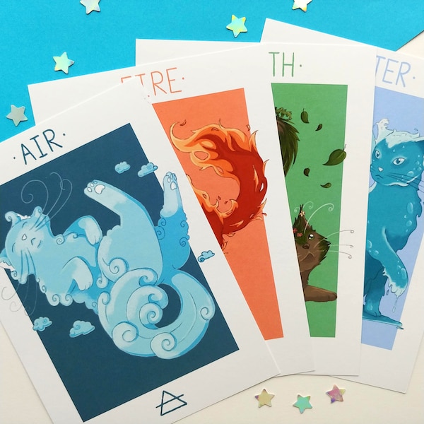 Elemental Cats Air, Fire, Earth, Water A5 Art Prints (Pack of 4) / Cute Gift / Magic / Astrology / Plastic Free / Eco Friendly /