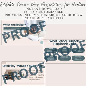 May include: A presentation for a career day about the job of a realtor. The presentation includes information about what a realtor does, how to become a realtor, and what school subjects are helpful for this career. The presentation also includes a "Would You Rather?" game.