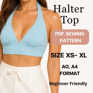 Halter Neck Crop Top Sewing Pattern PDF | Sizes XS to XL | A4 A0 Printable Digital Download | Easy pattern for beginner