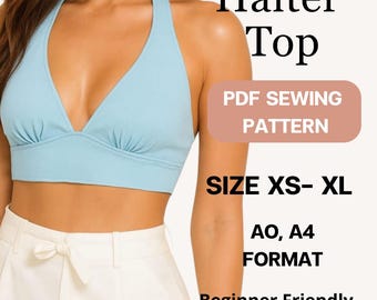 Halter Neck Crop Top Sewing Pattern PDF | Sizes XS to XL | A4 A0 Printable Digital Download | Easy pattern for beginner