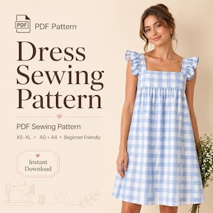 Op de afbeelding: Een blauw-wit geruite jurk met ruches mouwen is afgebeeld. De tekst "Dress Sewing Pattern", "PDF Sewing Pattern" en "Instant Download" is te zien. Het patroon is beginnersvriendelijk en verkrijgbaar in de maten XS-XL.