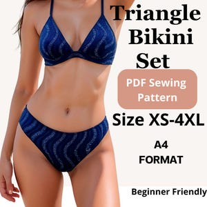 Könnte beinhalten: Ein dunkelblaues Triangel-Bikini-Set mit wellenförmigem Strukturmuster. Der Text auf dem Bild lautet: Triangle Bikini Set, PDF Sewing Pattern, Size XS-4XL, A4 FORMAT, Beginner Friendly. Der Bikini hat dünne Träger und einen klassischen Schnitt.