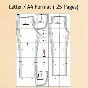 May include: A sewing pattern layout with numbered garment pieces and lines. The text "Letter / A4 Format (25 Pages)" is at the top. The pattern pieces are outlined in various colours. Measurements are in centimeters.