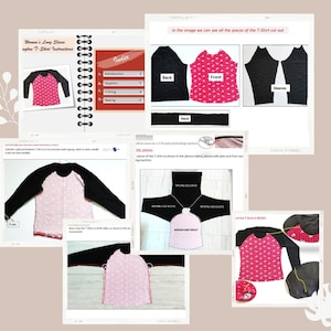 K&ouml;nnte beinhalten: Ein Tutorial f&uuml;r ein Damen-Langarm-T-Shirt. Die Anweisungen werden auf mehreren Seiten angezeigt, darunter ein Spiralnotizbuch. Das T-Shirt hat einen rosa K&ouml;rper mit wei&szlig;em Muster und schwarzen &Auml;rmeln. Das Tutorial enth&auml;lt Schnitt- und N&auml;hanweisungen.