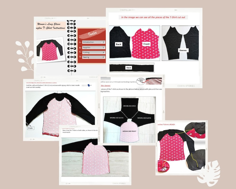 K&ouml;nnte beinhalten: Ein Tutorial f&uuml;r ein Damen-Langarm-T-Shirt. Die Anweisungen werden auf mehreren Seiten angezeigt, darunter ein Spiralnotizbuch. Das T-Shirt hat einen rosa K&ouml;rper mit wei&szlig;em Muster und schwarzen &Auml;rmeln. Das Tutorial enth&auml;lt Schnitt- und N&auml;hanweisungen.