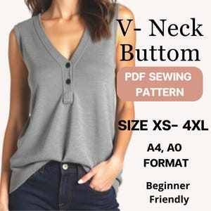 V- Neck Blouse sewing pattern /  XS-4XL / Instant Download / Easy Digital PDF
