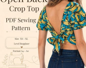 Open Back Tie Crop Top Sewing Pattern, Women's Summer Tank (PDF Download)