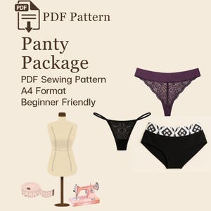 Può includere: Un pacchetto di modelli PDF per mutandine, con un manichino, una macchina da cucire e tre stili di mutandine: un perizoma in pizzo viola, un perizoma in pizzo nero e mutandine nere con un motivo geometrico bianco e nero. Il testo recita "PDF Pattern, Panty Package, PDF Sewing Pattern, A4 Format, Beginner Friendly."