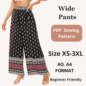 Wide Pants Sewing Pattern  | Women Pants Pattern | Sizes XS to 3XL | A0 A4 Printable Digital Download | Easy pattern for beginner