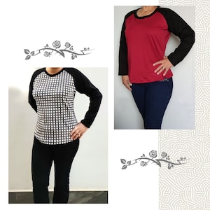 K&ouml;nnte beinhalten: Zwei lang&auml;rmlige Shirts mit Raglan&auml;rmeln. Ein Shirt ist rot mit schwarzen &Auml;rmeln, das andere hat ein wei&szlig;es und schwarzes Karomuster mit schwarzen &Auml;rmeln. Beide Shirts werden mit dunklen Hosen kombiniert.