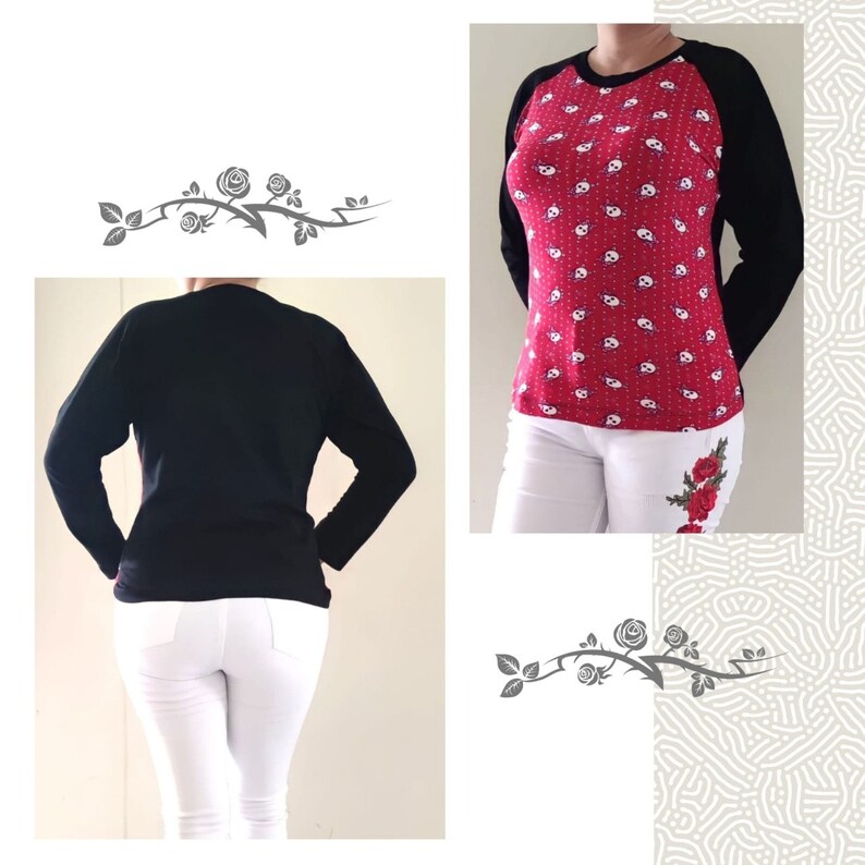 K&ouml;nnte beinhalten: Ein lang&auml;rmeliges Raglan-Shirt mit rotem K&ouml;rper, der mit wei&szlig;en Totenk&ouml;pfen gemustert ist, und schwarzen &Auml;rmeln. Die R&uuml;ckseite des Shirts ist einfarbig schwarz. Wei&szlig;e Hose mit roter Rosenstickerei.