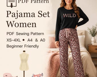 Wykrój na damską piżamę: Łatwy plik PDF, rozmiary XS-4XL (natychmiastowe pobranie)