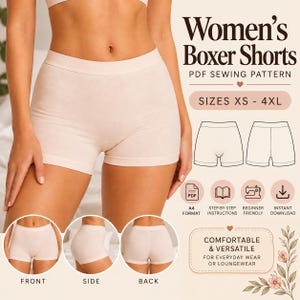 Schnittmuster für Damen-Boxershorts (PDF), gewebte Lounge-Shorts, XS-4XL, A4/A0, Anfänger-Schnittmuster