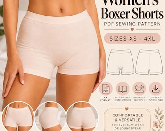 Wzór na bokserki damskie w formacie PDF, wzór na spodenki wypoczynkowe z tkaniny, XS-4XL, format A4 A0, wzór dla początkujących