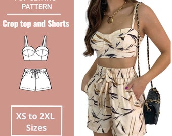 Motif court + motif crop top | 2 patrons de couture numériques | Tailles (XS à 2XL) | Patron de couture PDF femme