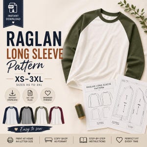 K&ouml;nnte beinhalten: Ein wei&szlig;es und olivgr&uuml;nes Raglan-Langarmshirt neben einer Musteranleitung. Das Bild enth&auml;lt den Text "RAGLAN LONG SLEEVE Pattern" und "XS-3XL". Das Muster ist als Sofort-Download erh&auml;ltlich und ist f&uuml;r Anf&auml;nger geeignet.