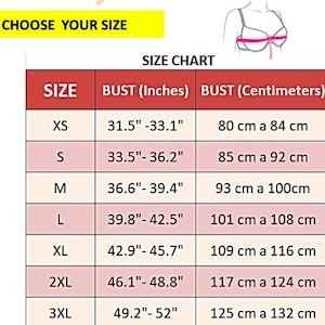 K&ouml;nnte beinhalten: Eine Gr&ouml;&szlig;entabelle f&uuml;r BHs mit Brustumfang-Messungen in Zoll und Zentimetern. Die Gr&ouml;&szlig;en reichen von XS bis 3XL, mit Brustumfang-Messungen von 31,5" bis 52" und 80 cm bis 132 cm. Der Text "CHOOSE YOUR SIZE" steht oben.