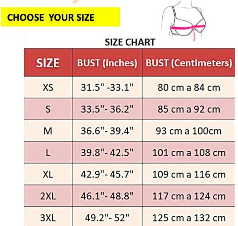 K&ouml;nnte beinhalten: Eine Gr&ouml;&szlig;entabelle f&uuml;r BHs mit Brustumfang-Messungen in Zoll und Zentimetern. Die Gr&ouml;&szlig;en reichen von XS bis 3XL, mit Brustumfang-Messungen von 31,5" bis 52" und 80 cm bis 132 cm. Der Text "CHOOSE YOUR SIZE" steht oben.