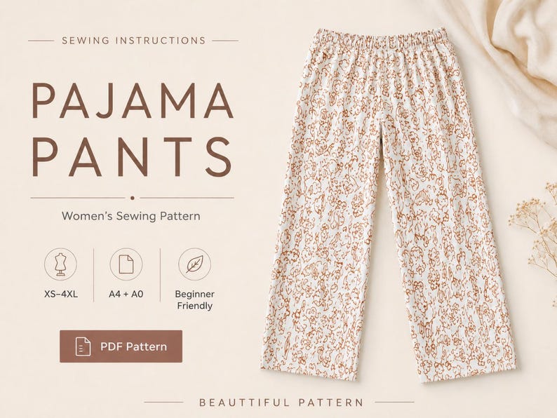 May include: White pajama trousers with a brown floral design. The image includes text that reads "PAJAMA PANTS" and "Women's Sewing Pattern". The pattern is beginner-friendly and available in sizes XS-4XL.