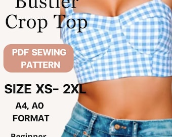 Bustier Crop top sewing pattern pdf  | Sizes XS to L | A4 A0 printable digital  Download | Easy pattern for beginner