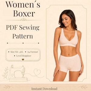 Könnte beinhalten: Ein PDF-Schnittmuster für Boxershorts mit dem Text Women's Boxer PDF Sewing Pattern, Size XS- 4XL, A4 Format, Level Begginer und Instant Download. Das Bild zeigt ein beigefarbenes Set aus einem Bralette und passenden Boxershorts.
