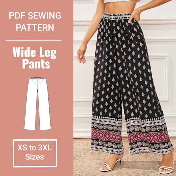 Womens high-waist wide-leg trousers, elasticated waist | PDF sewing pattern | Sizes (XS to 3XL) | Include Instructions