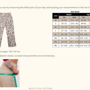 May include: Cream-coloured trousers with a repeating floral pattern in red and brown. The image includes a size chart with waist and hip measurements in inches and centimetres, and a photo of a person measuring their hips.