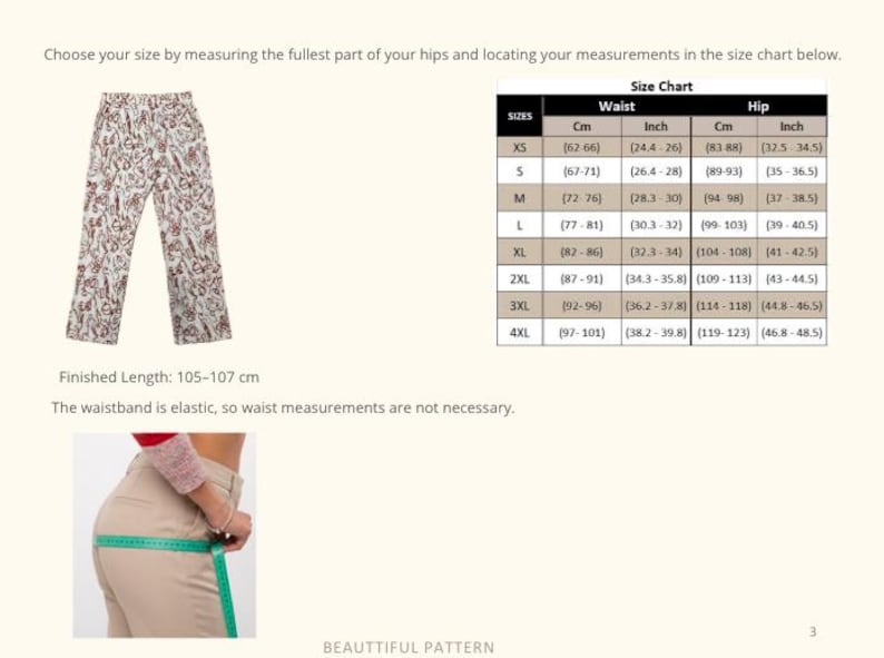 May include: Cream-coloured trousers with a repeating floral pattern in red and brown. The image includes a size chart with waist and hip measurements in inches and centimetres, and a photo of a person measuring their hips.