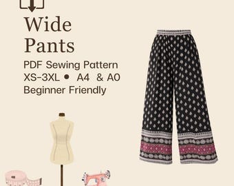 Naaipatroon broek wijde pijpen: broek met hoge taille, maten XS-3XL (afdrukbare digitale A0-A4-download)